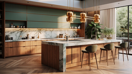 Beautiful modern kitchen with a green marble table