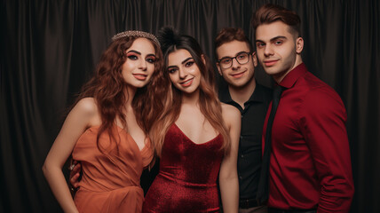 Fototapeta premium Group of friends at new years eve, celebrations in holiday seasons, champagne and balloons