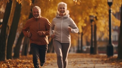 Active senior couple jogging outside in city park along alley with green trees. Happy joyful retirees wife and husband jogging outside in the park