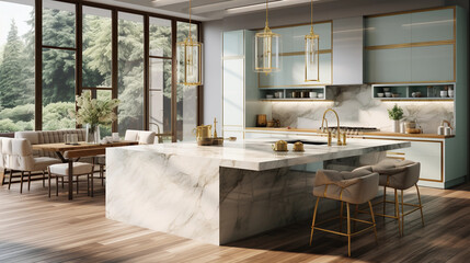 Fototapeta na wymiar Beautiful modern kitchen with a green marble table
