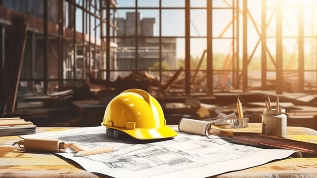 Construction house. Repair work. Drawings for building and yellow helmet on on the background of a construction site