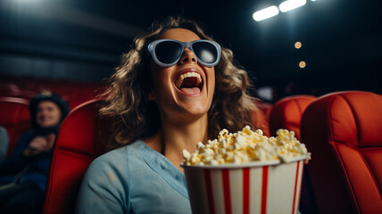 Woman in cinema smiling and laughing watching movie with popcorn