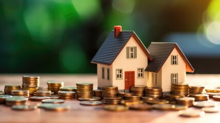 House model and money coins saving for concept saving money for buying a house, investment mortgage finance, and home loan refinance financial plan home loan - obrazy, fototapety, plakaty
