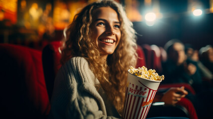 Woman in cinema smiling and laughing watching movie with popcorn - obrazy, fototapety, plakaty
