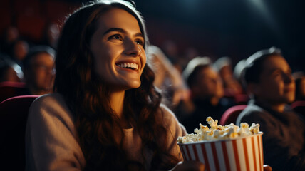 Woman in cinema smiling and laughing watching movie with popcorn