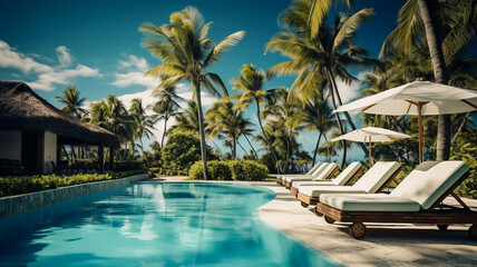 Luxurious all inclusive hotel with swimming pool and lounge, umbrellas near beach and sea with palm trees and blue sky