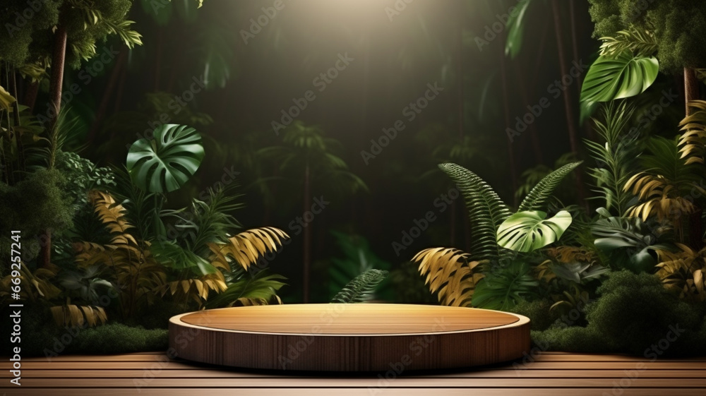 Wall mural Wooden podium or stage for product display and promotion, green nature tropical rainforest backdrop with mountains