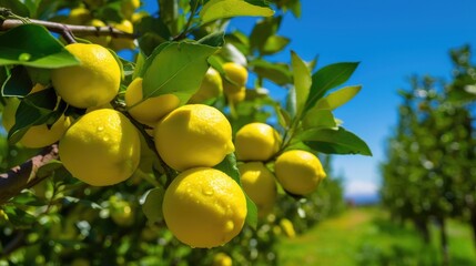 Fresh lemons on the tree in a lemon farm. It is ready to be picked by farmers and marketed. The weather is sunny and fresh.