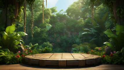 Wooden podium or stage for product display and promotion, green nature tropical rainforest backdrop with mountains