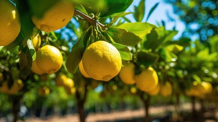 Fresh ripe lemons hanging on a lemon tree branch in sunny garden.