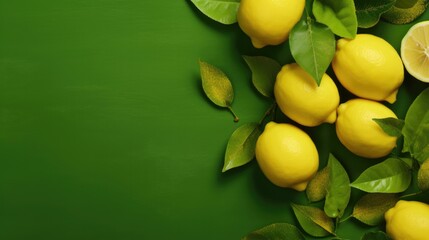 Summer composition made from lemon and green leaves on green background. Fruit minimal concept.