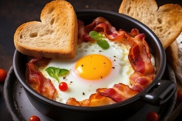 Healthy holidays breakfast with eggs hearts, bacon and toast on wooden background. AI Generated