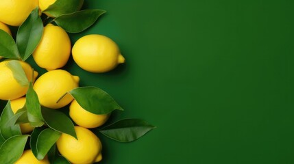 Lemons with leaves on a green background with copy space.
