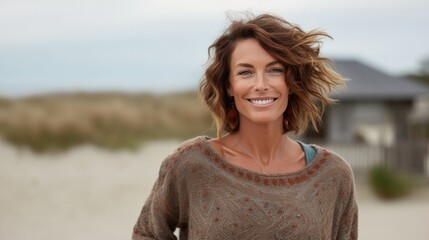 Lifestyle portrait photography of a pleased woman in her 40s wearing a cozy sweater against a...