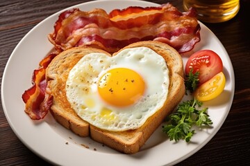 Fototapeta na wymiar Healthy holidays breakfast with eggs hearts, bacon and toast on wooden background. AI Generated