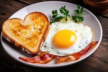 Healthy holidays breakfast with eggs hearts, bacon and toast on wooden background. AI Generated