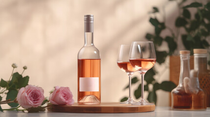 Mock-up bottle of rose wine and full wine glasses.