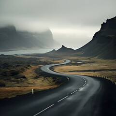 Open and windy road, iceland, landscape, dark gray and dark bronze, irregular structures, colorful curves, coastal scenery, misty atmosphere, travel - obrazy, fototapety, plakaty