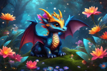 Illustration bébé dragon dans un monde magique.