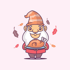 Embrace autumn's festive spirit with a cute gnome holding a turkey, surrounded by fall leaves, in this heartwarming Thanksgiving vector  illustration.