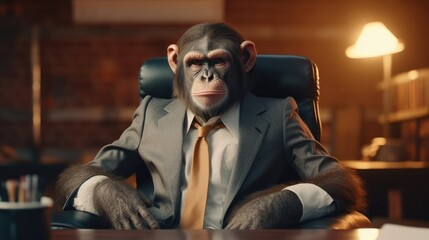An illustration of a monkey in a business suit sits in a leather armchair, dim light creating a contrast between indulgence and melancholy. - obrazy, fototapety, plakaty