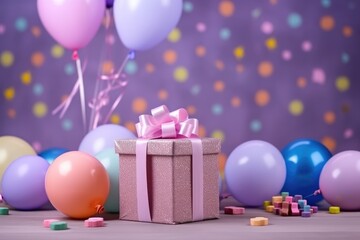 Fototapeta na wymiar Birthday party balloons, colourful balloons background and birthday gift.