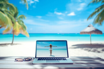 Laptop with reflection of woman on wooden table, tropical beach background with blurred sea and sky. Empty copy space suitable for web ads and banners. holidays, vacation and travel concept