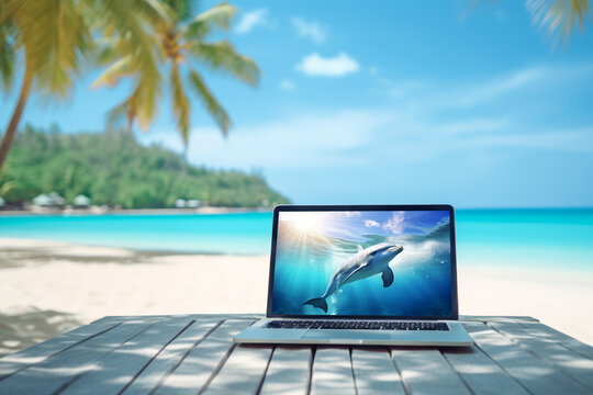 Laptop with dolphin reflection on wooden table, blurred sea and sky on tropical beach background. Empty copy space suitable for web ads and banners. holidays, vacation and travel concept