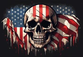 AI illustration of an American flag with a white skull in the center - obrazy, fototapety, plakaty