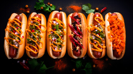 hot dog with fresh vegetables. hot dog with mustard and hot dogs. fast food