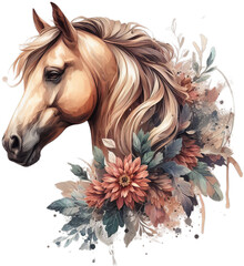Obraz na płótnie Canvas Watercolor Floral Horse: Graceful Equine Beauty in Watercolor, Transparent Background