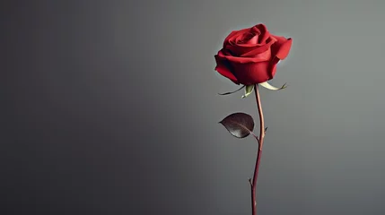 Fotobehang Gorgeous single red velvety rose. Minimalist design card. Valentine, wedding, celebration, card, anniversary, birthday, gift, voucher.  © Dannchez
