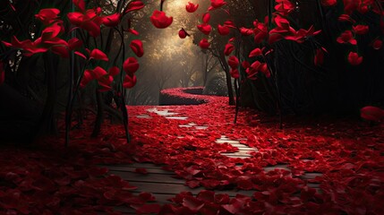 Petals of red flowers lead a path through the image, inviting for a valentines meeting. Romantic red charm. Happy Valentine's Day, fashion event background, romantic design art.  - obrazy, fototapety, plakaty