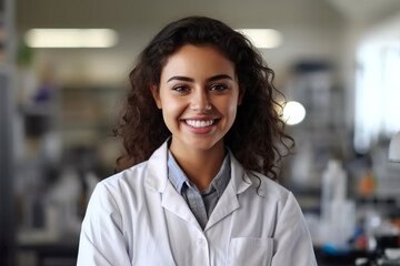 Smiling chemist woman facing camera, Latin American, workplace background, professionals