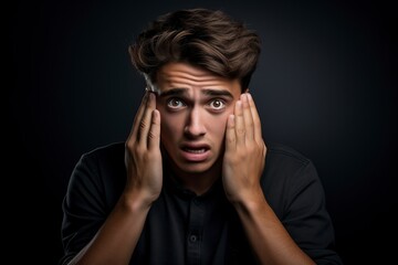 young man posing in the studio with an expression of surprise and worry