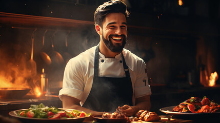 smiling chef is cooking a tasty meal in the kitchen of a restaurant