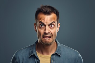 Obraz premium man squinting and grimacing in front of the camera in studio