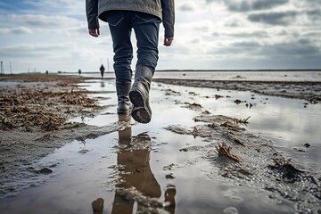 man walking in rubber boots in the Wadden Sea - obrazy, fototapety, plakaty