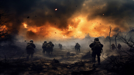 Fototapeta na wymiar Soldiers with Rifles Advancing through Smoke