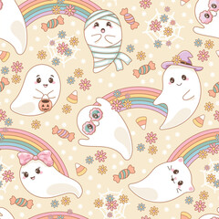 Halloween theme seamless pattern with cute ghosts. Boho, hippie style, rainbow, flowers, candies. Vector illustration.