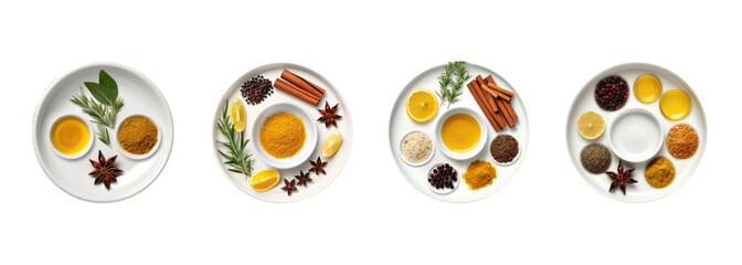 set of kitchen spices in a white plate. isolated on white background PNG.