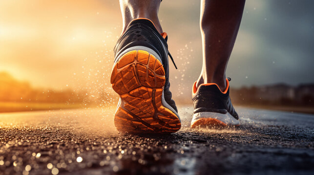 Runner feet running on road closeup on shoe. woman fitness sunrise jog workout welness concept.