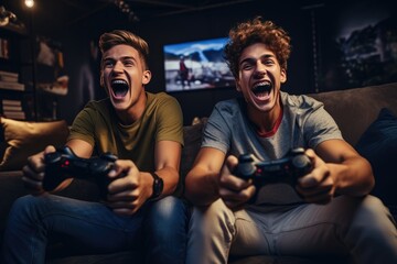 Two friends sit side by side on a couch, each with a gaming controller in hand - obrazy, fototapety, plakaty
