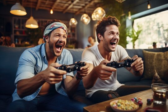 Two friends sit side by side on a couch, each with a gaming controller in hand