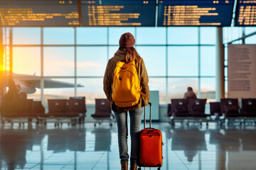 back portrait of a young female traveler with backpack and suitcase at an international airport looking at the flight information board,
