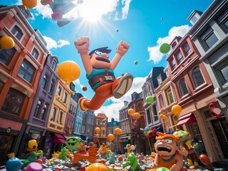 Colorful toy superheroes flying over a homemade cityscape - obrazy, fototapety, plakaty
