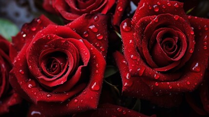The middle of a red rose with water drops on the petals, generative ai
