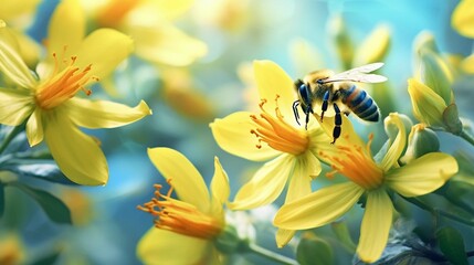 Close-up of a large striped bee collecting honey on a yellow flower on a Sunny bright day. Macro horizontal photography. Summer and spring backgrounds, generative ai