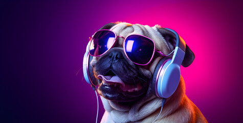Um cachorro pug moderno de fone d ouvido e óculos escuro curtindo uma musica  - obrazy, fototapety, plakaty