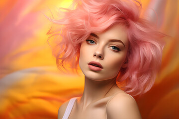 Obraz na płótnie Canvas Mulher com cabelo rosa cheia de estilo em fundo moderno em tons de amarelo